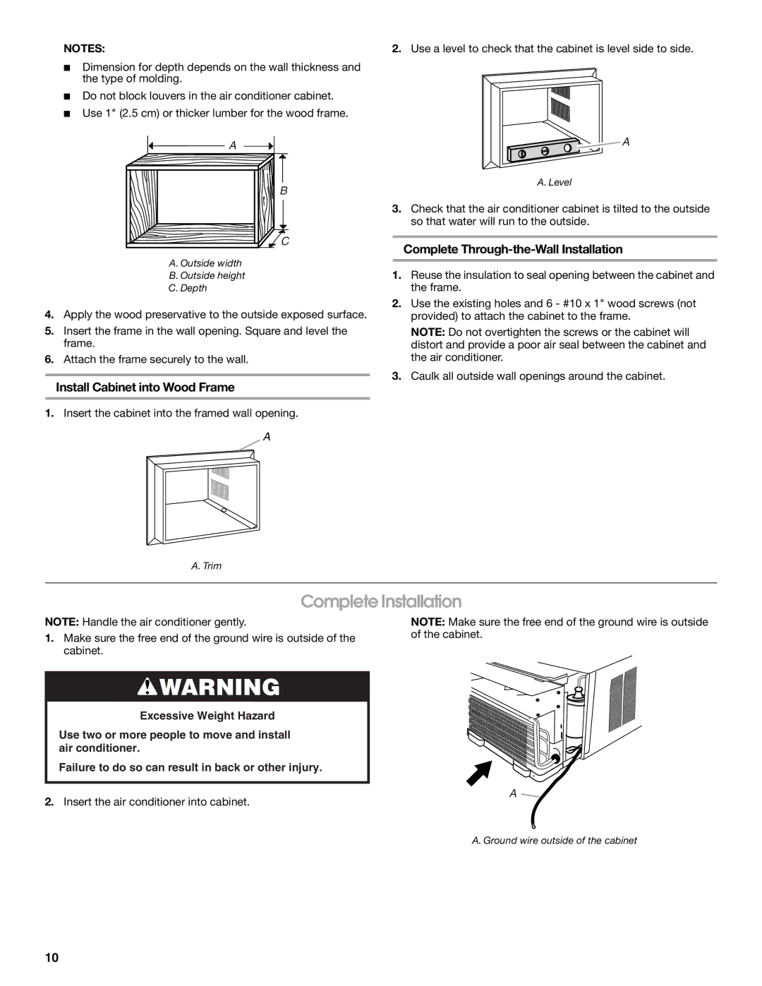 Whirlpool ACE184PT0 manual Complete Installation, Install Cabinet into Wood Frame, Complete Through-the-Wall Installation 