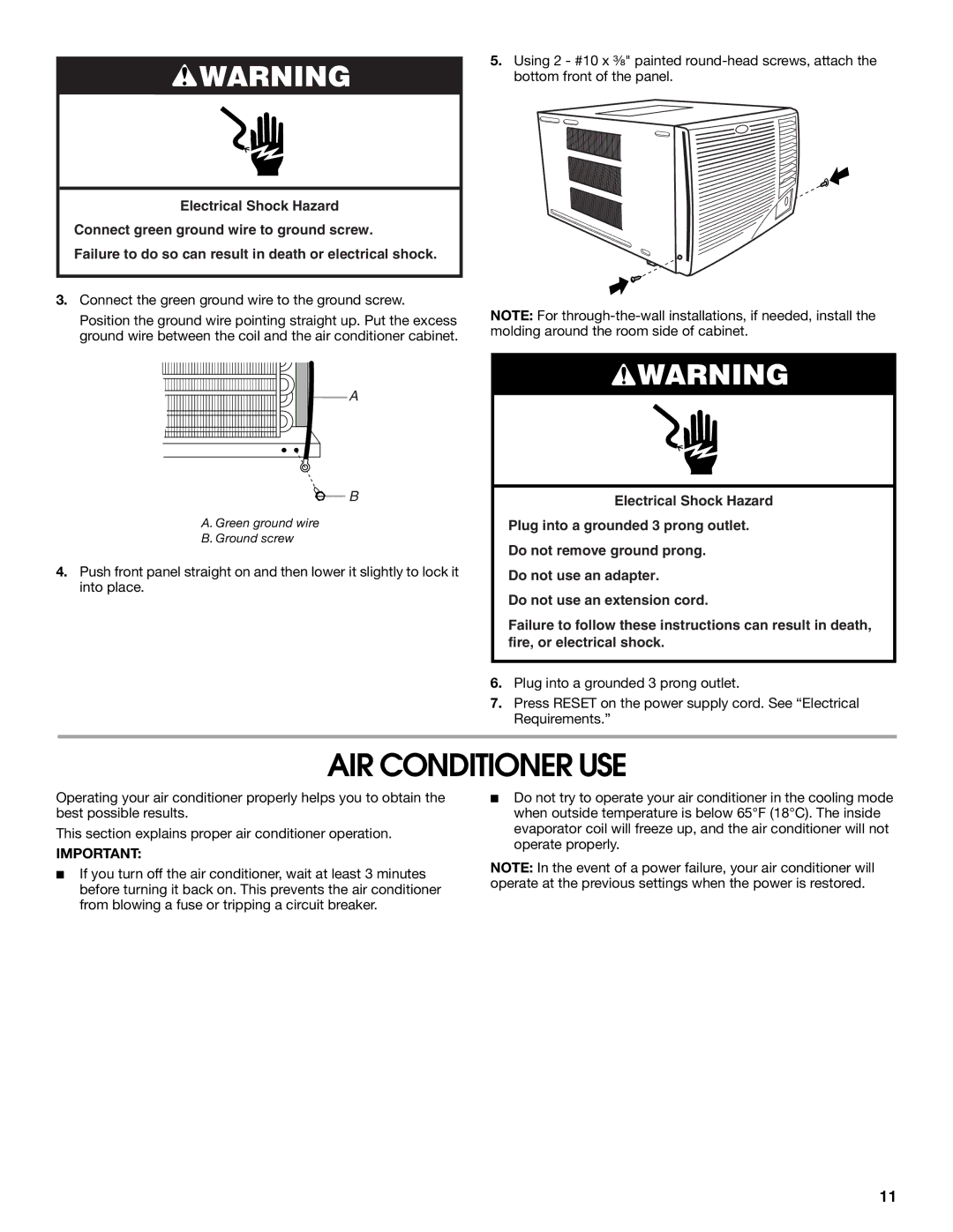 Whirlpool ACE184PT0 manual AIR Conditioner USE, Connect the green ground wire to the ground screw 