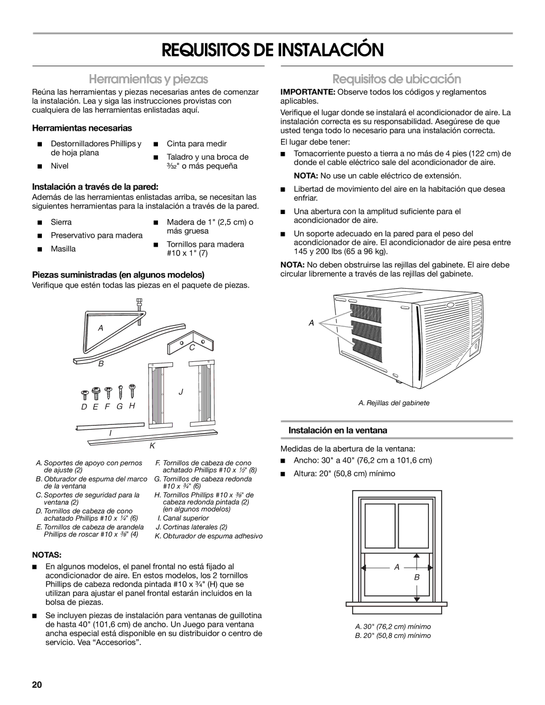 Whirlpool ACE184PT0 manual Requisitos DE Instalación, Herramientas y piezas, Requisitos de ubicación 