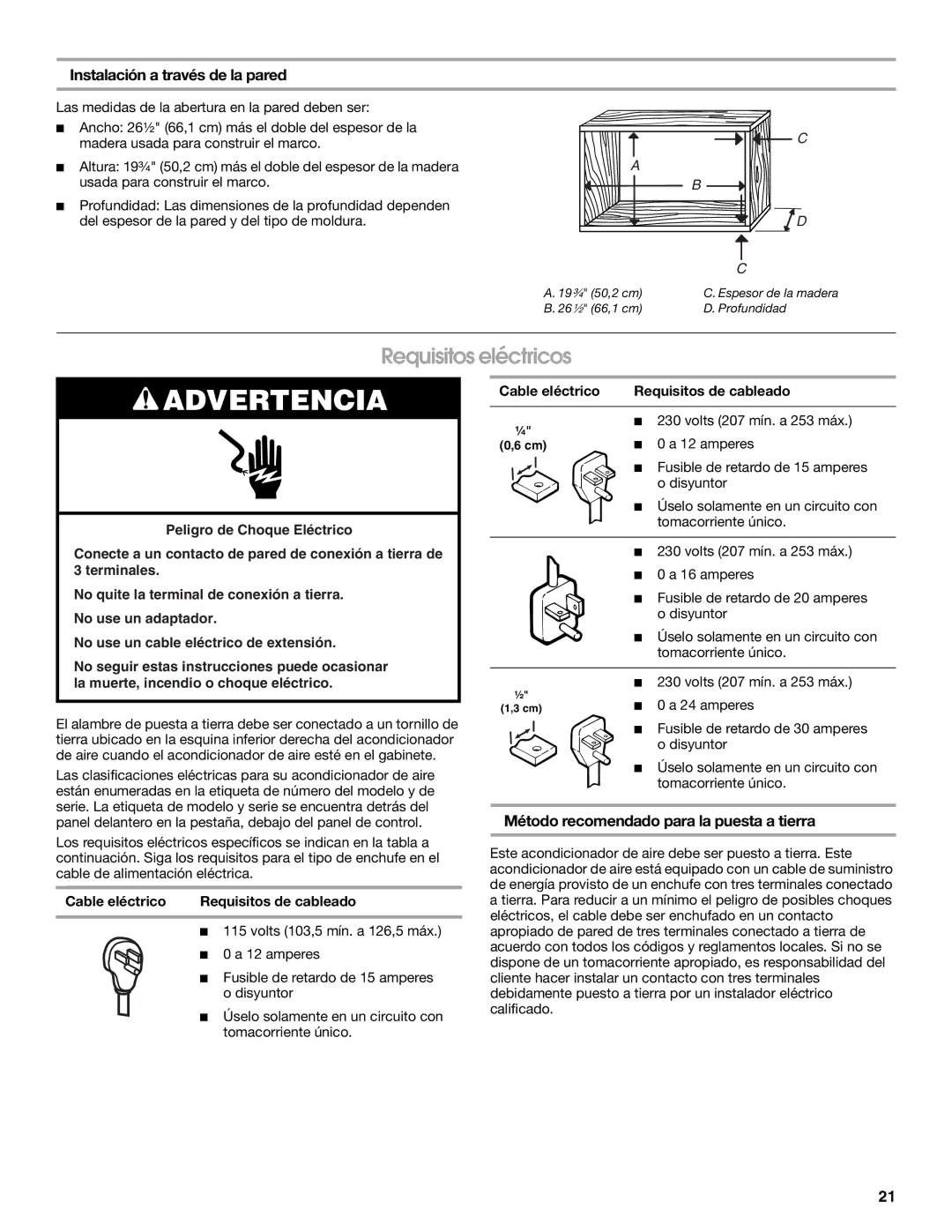 Whirlpool ACE184PT0 manual Requisitos eléctricos, Método recomendado para la puesta a tierra 