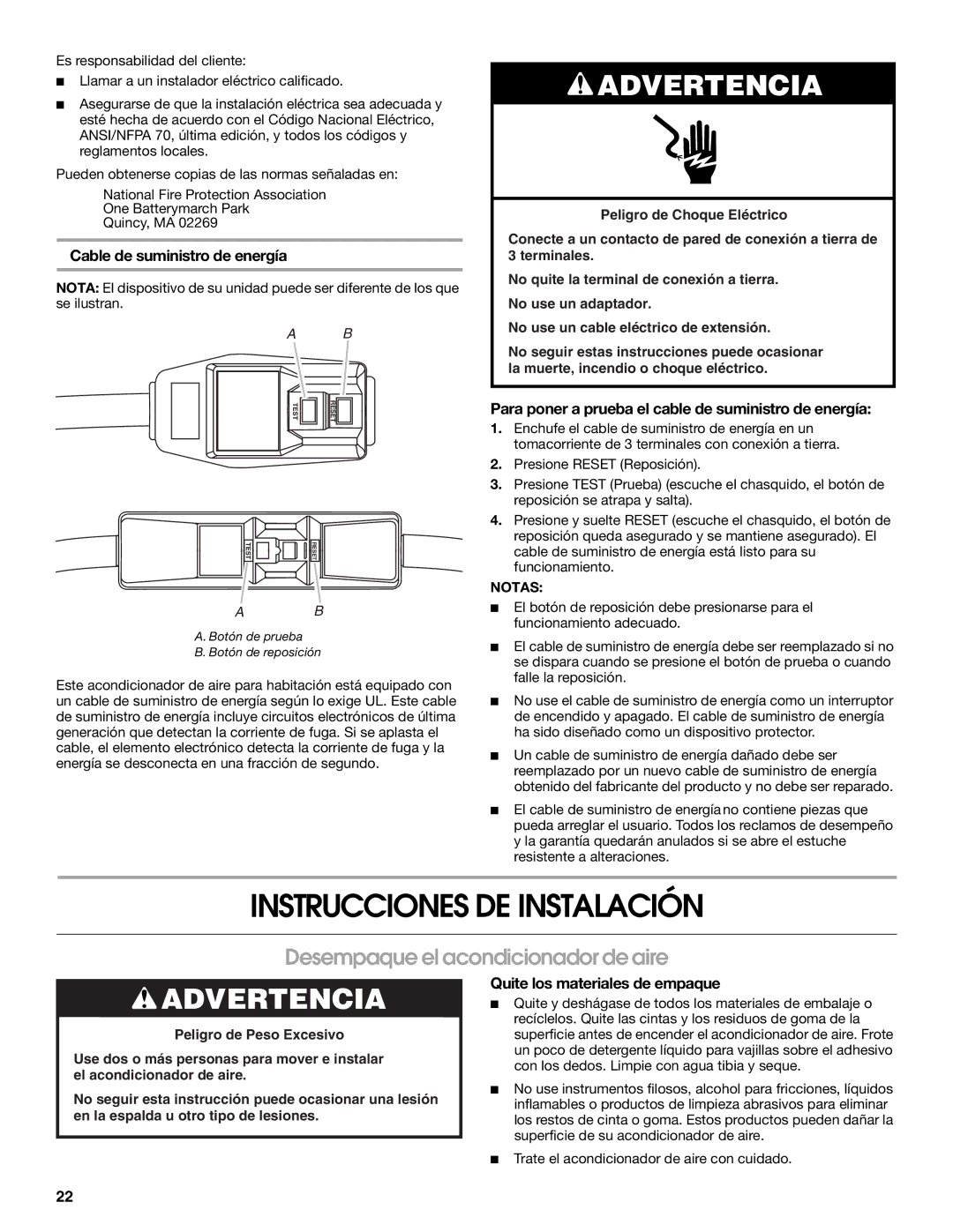 Whirlpool ACE184PT0 Instrucciones DE Instalación, Desempaque el acondicionador de aire, Cable de suministro de energía 