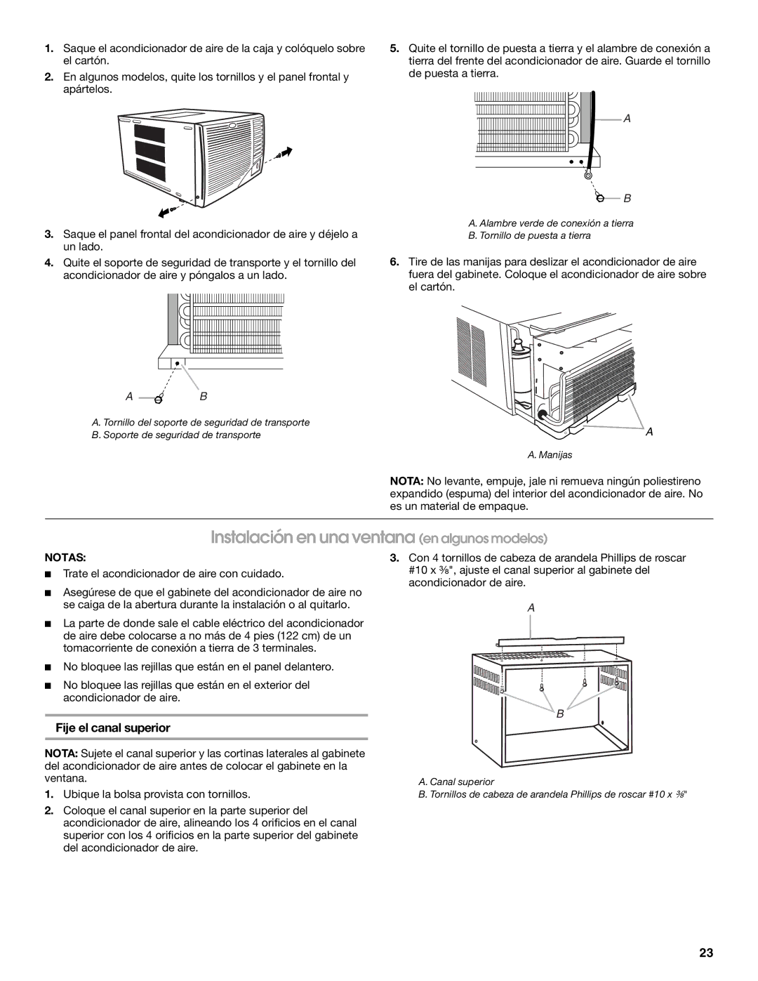 Whirlpool ACE184PT0 manual Instalación en una ventana en algunos modelos, Fije el canal superior 