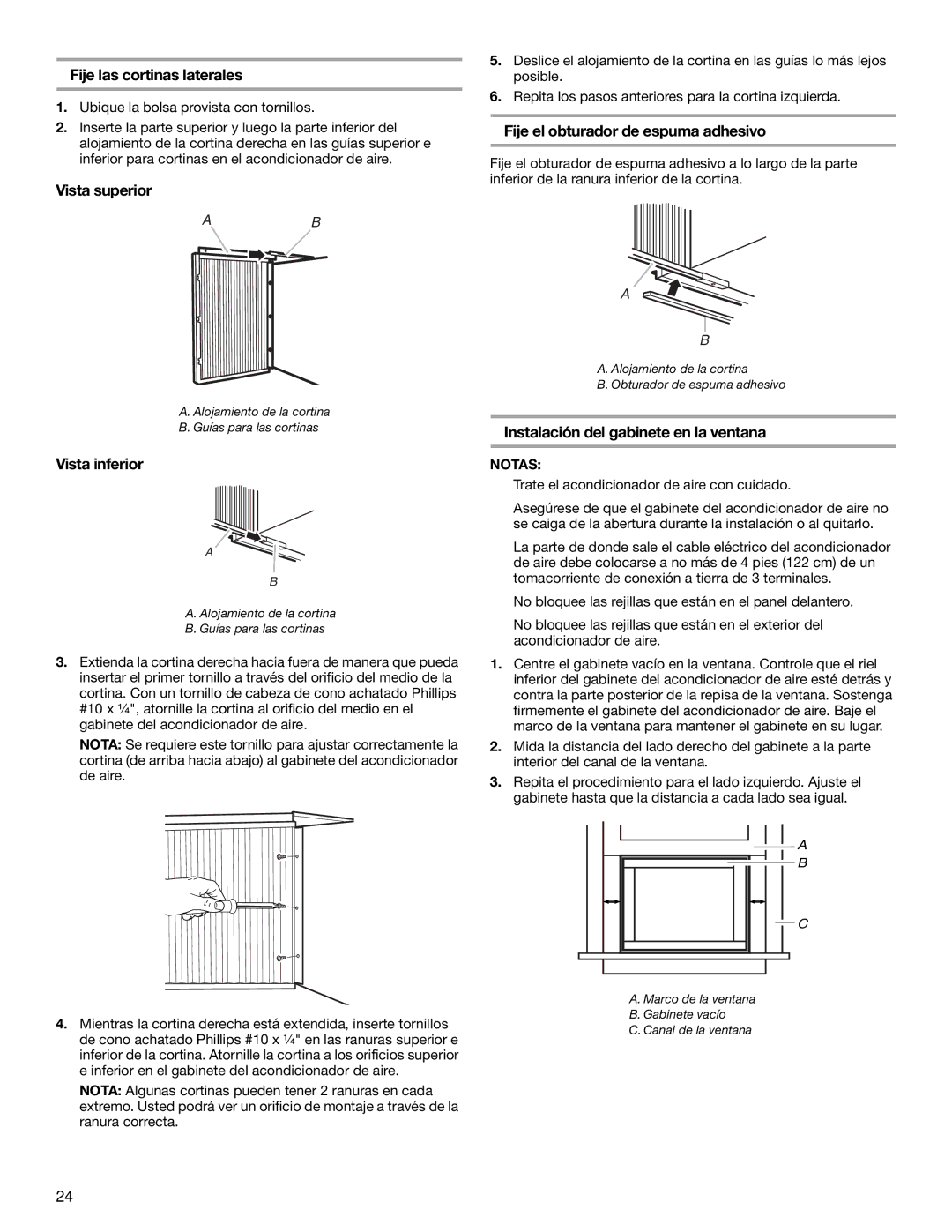 Whirlpool ACE184PT0 Fije las cortinas laterales, Vista superior, Vista inferior, Fije el obturador de espuma adhesivo 