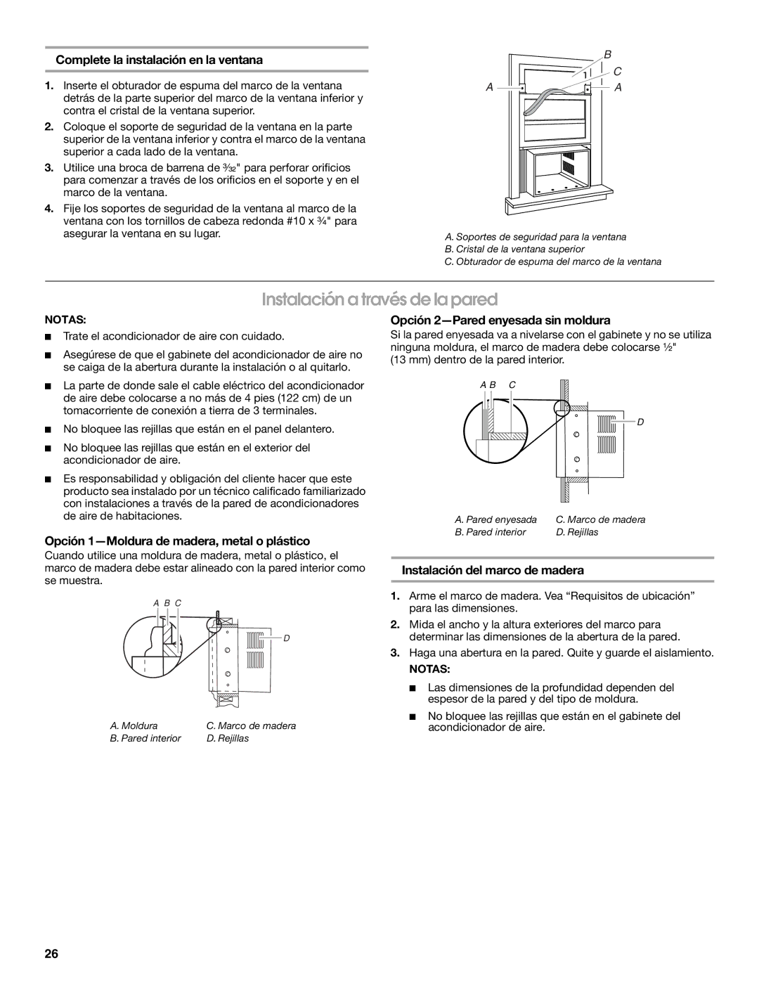 Whirlpool ACE184PT0 manual Instalación a través de la pared, Complete la instalación en la ventana 