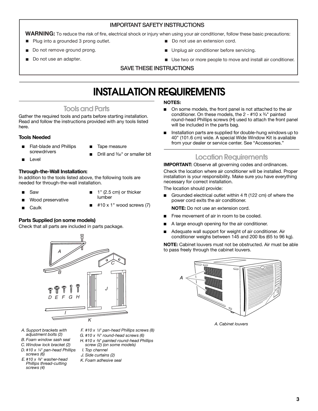 Whirlpool ACE184PT0 manual Installation Requirements, Tools and Parts, Location Requirements 