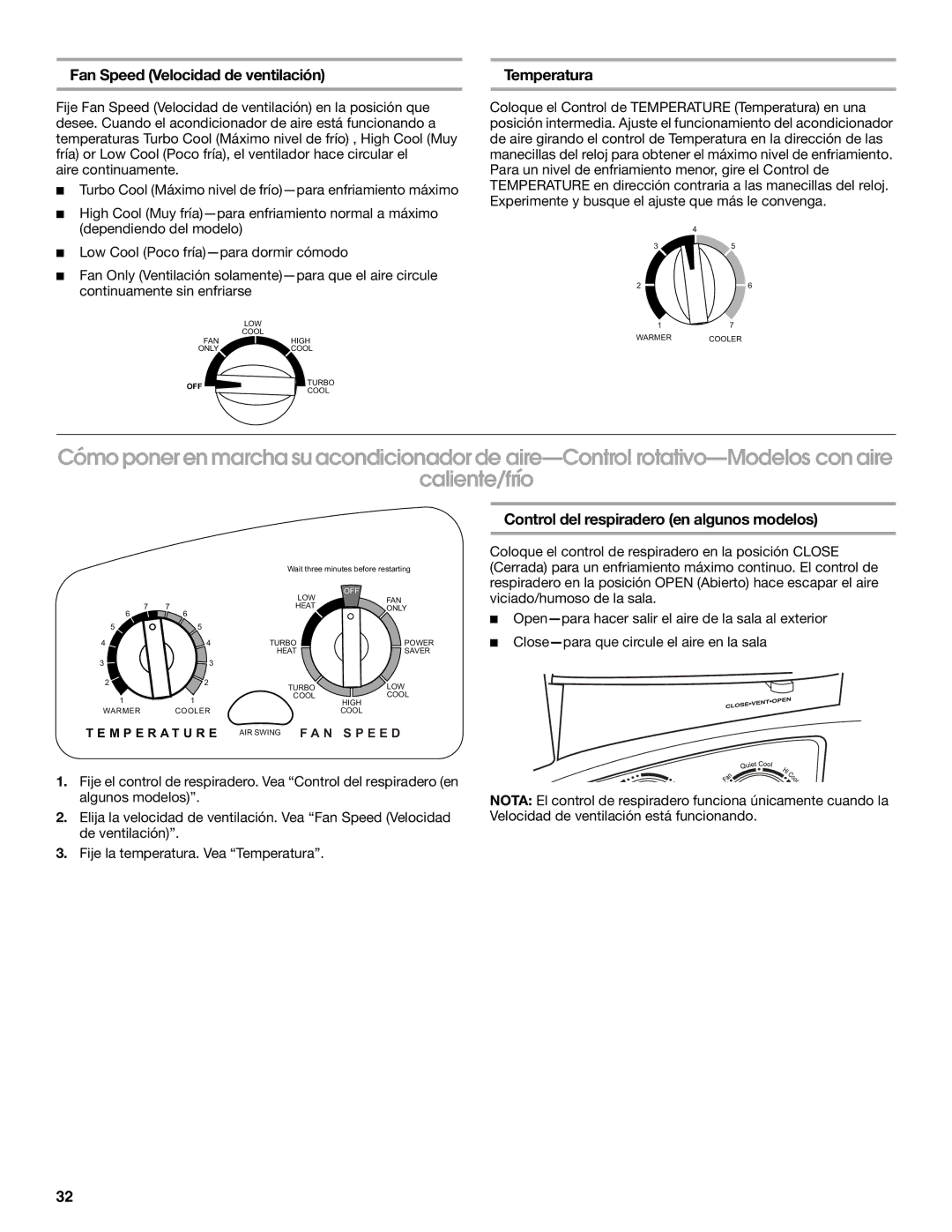 Whirlpool ACE184PT0 manual Fan Speed Velocidad de ventilación 