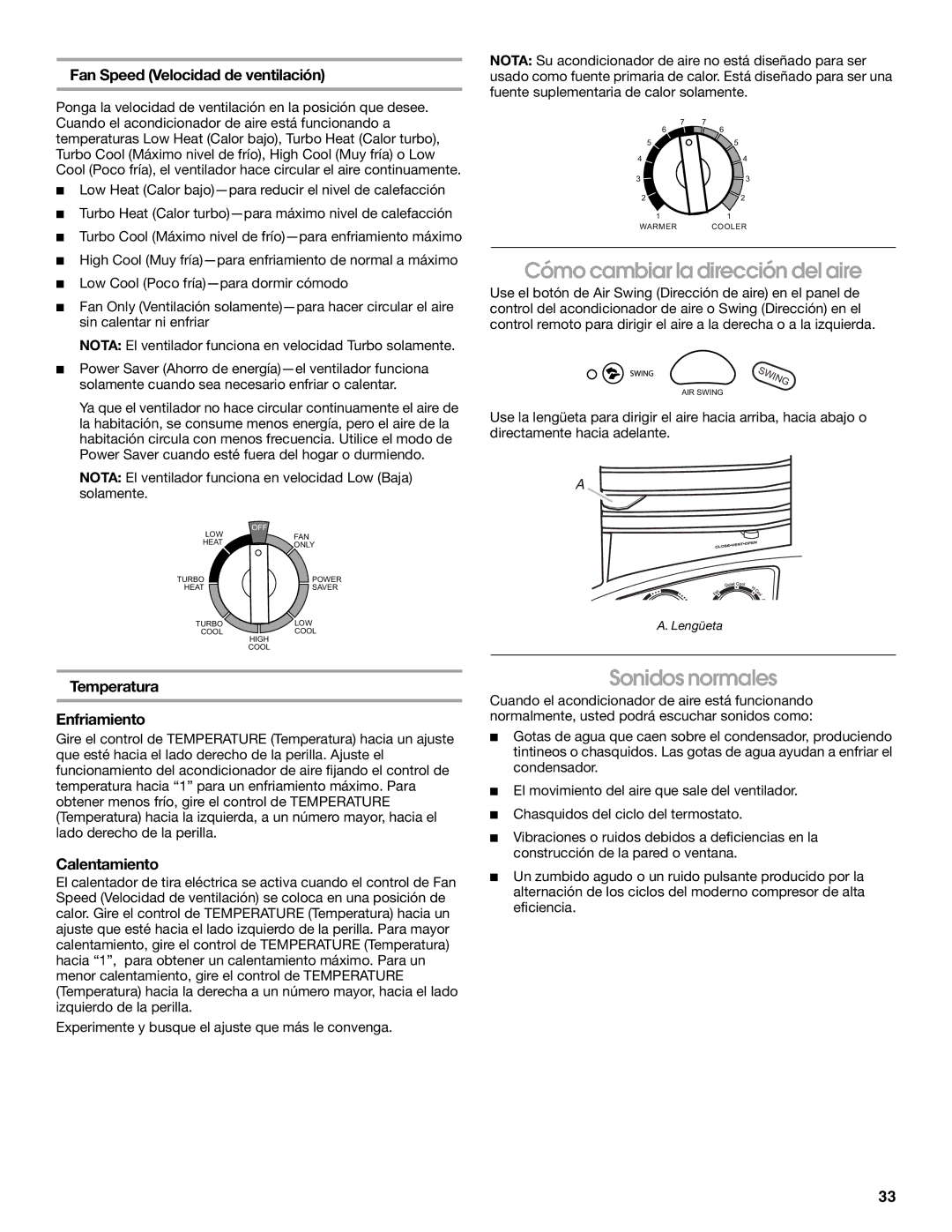 Whirlpool ACE184PT0 manual Cómo cambiar la dirección del aire, Sonidos normales, Temperatura Enfriamiento, Calentamiento 