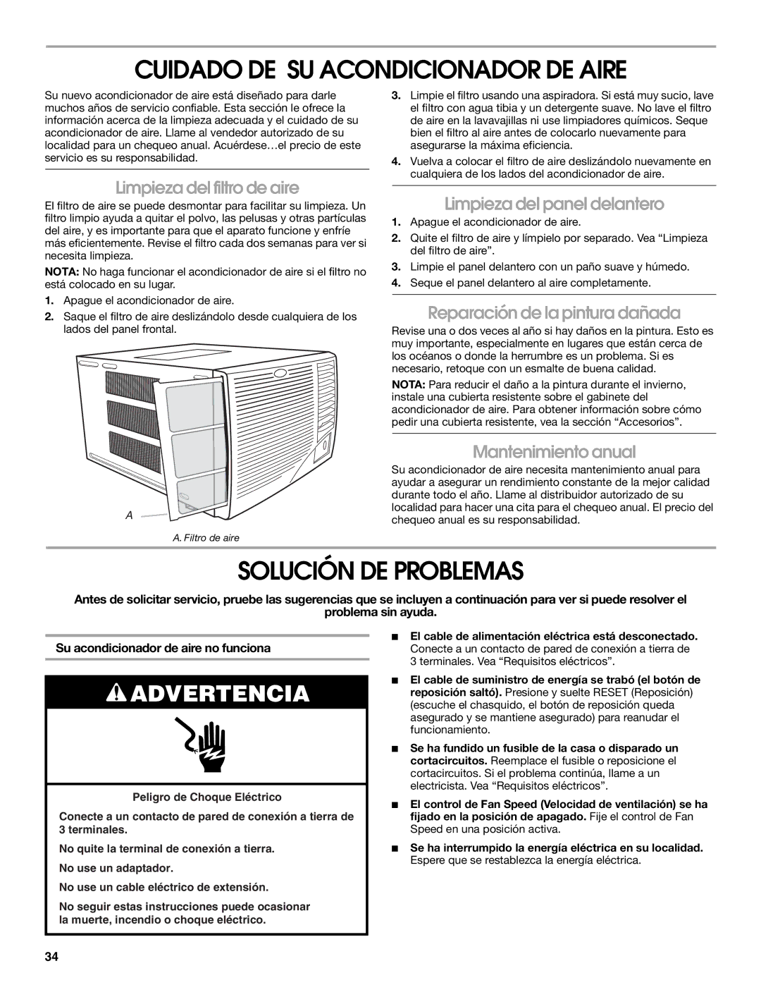 Whirlpool ACE184PT0 manual Cuidado DE SU Acondicionador DE Aire, Solución DE Problemas 