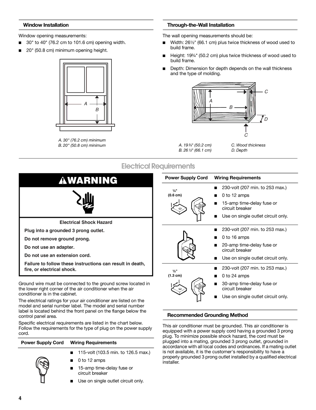 Whirlpool ACE184PT0 manual Electrical Requirements, Window Installation, Recommended Grounding Method 