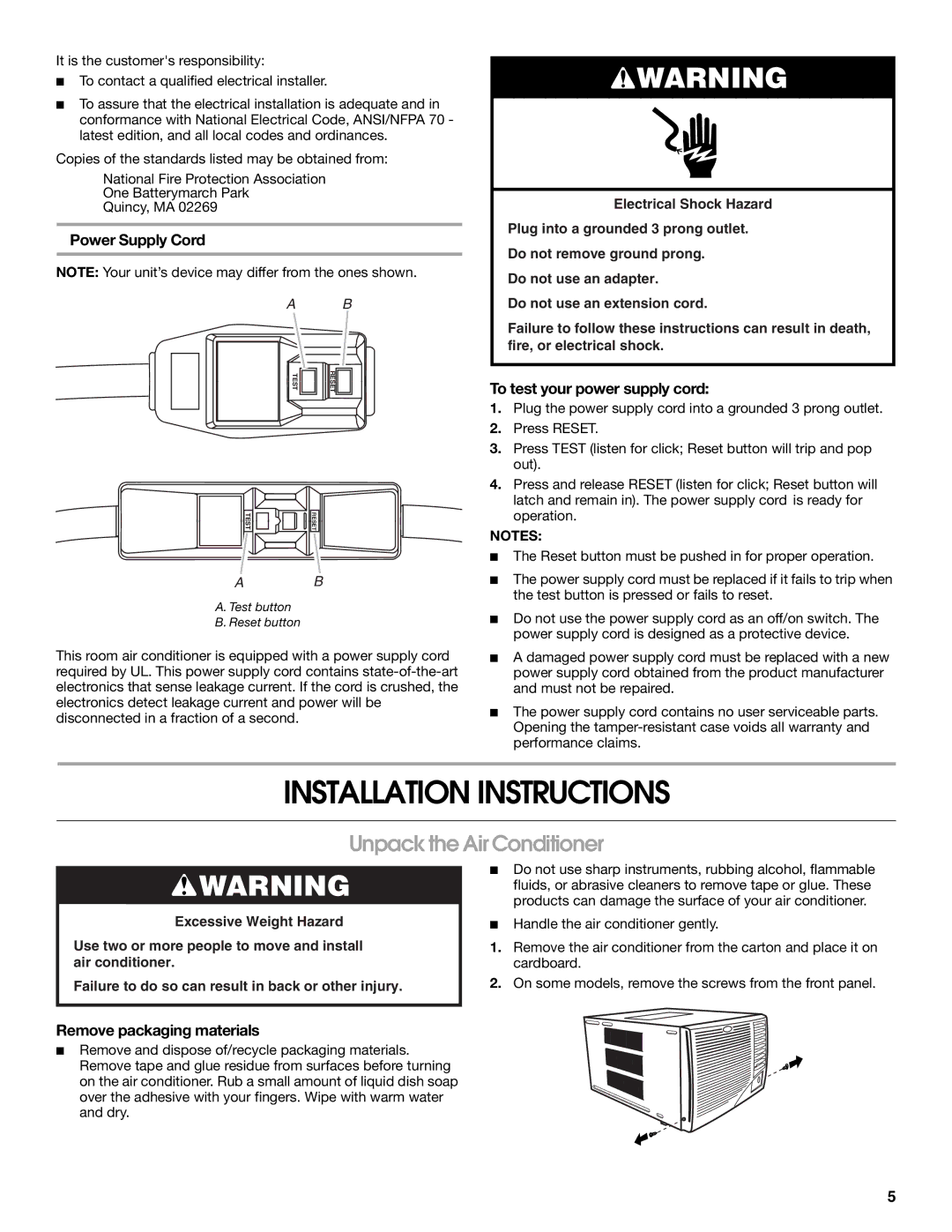 Whirlpool ACE184PT0 Installation Instructions, Unpack the Air Conditioner, Power Supply Cord, Remove packaging materials 