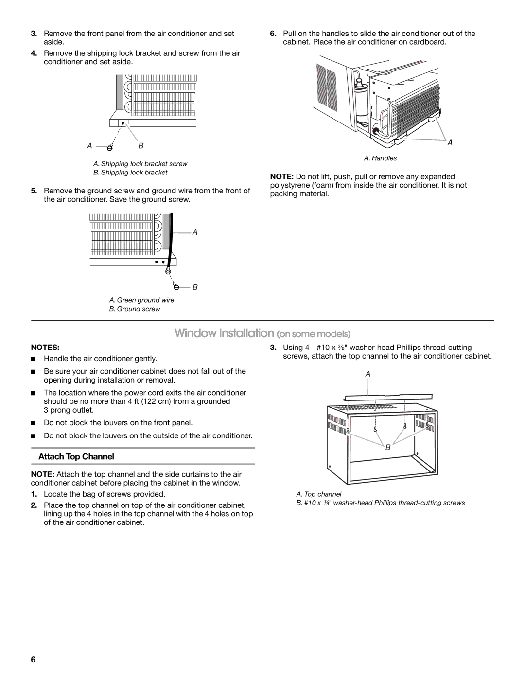 Whirlpool ACE184PT0 manual Window Installation on some models, Attach Top Channel 