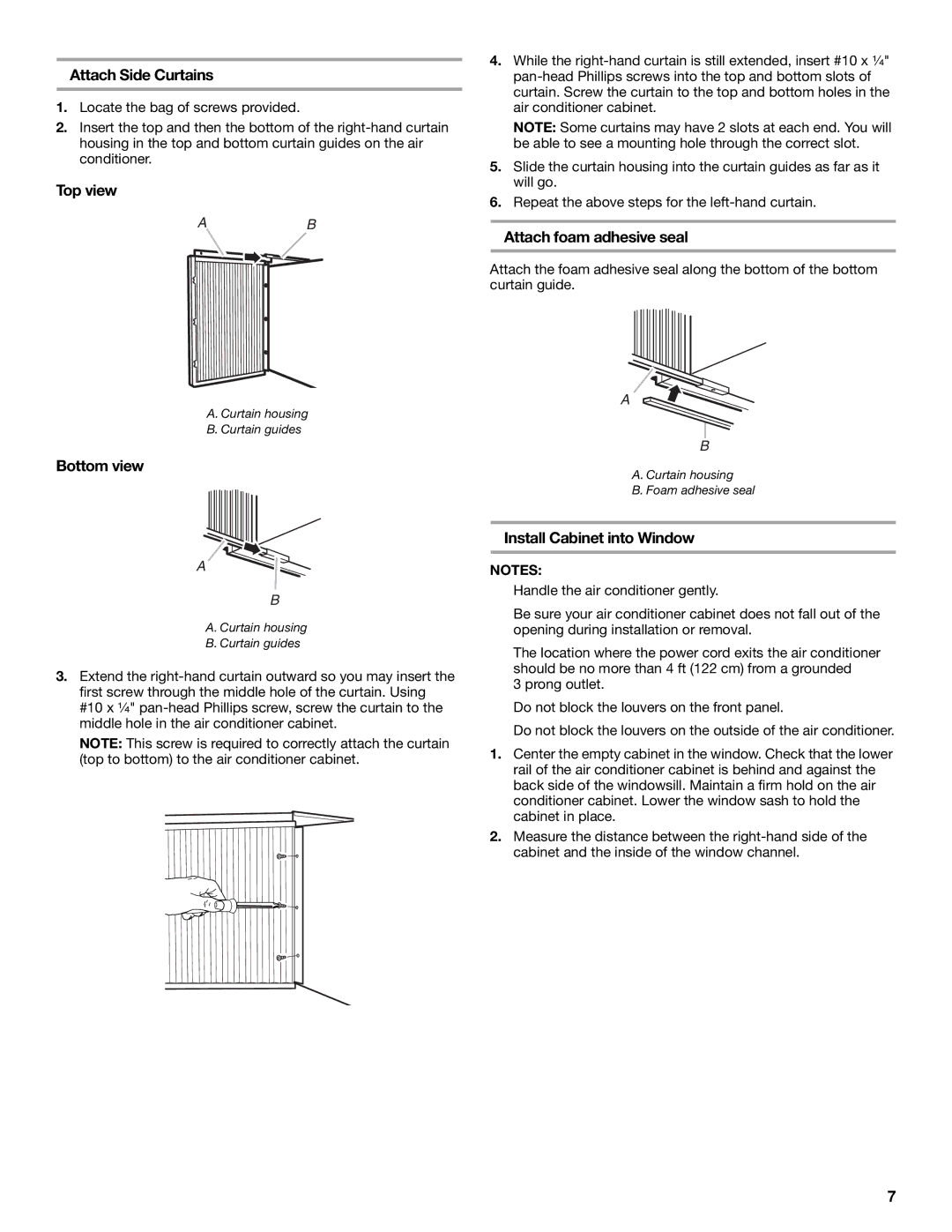 Whirlpool ACE184PT0 Attach Side Curtains, Top view, Bottom view, Attach foam adhesive seal, Install Cabinet into Window 