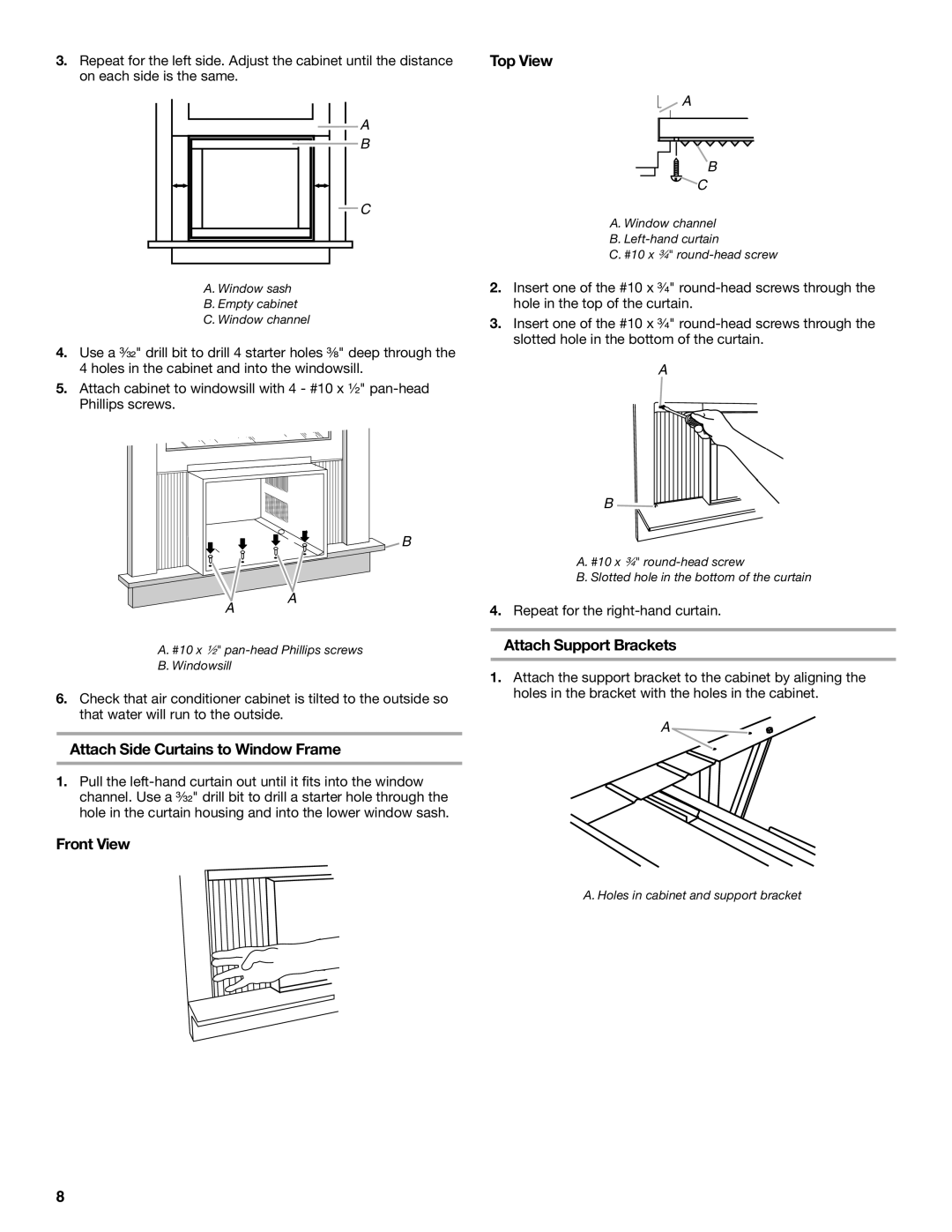 Whirlpool ACE184PT0 manual Attach Side Curtains to Window Frame, Front View Attach Support Brackets 