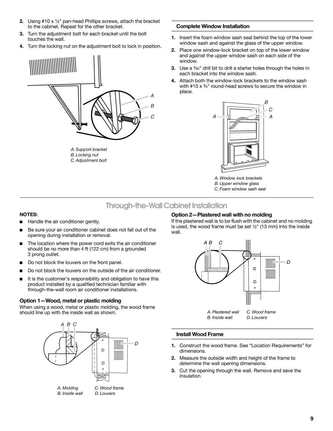 Whirlpool ACE184PT0 manual Through-the-Wall Cabinet Installation, Complete Window Installation, Install Wood Frame 