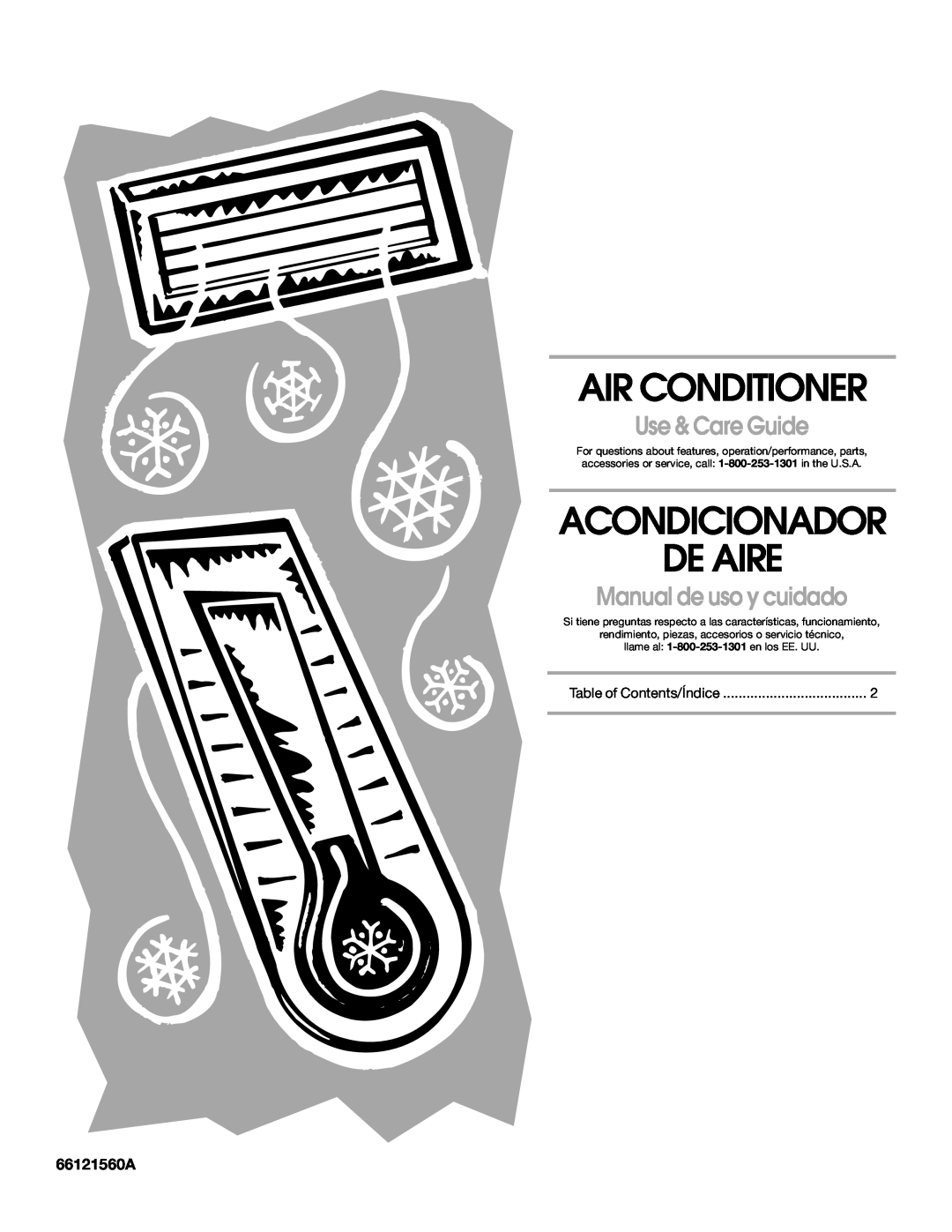 Whirlpool ACE184PT0 manual 66121560A, Air Conditioner, Acondicionador De Aire, Use & Care Guide, Manual de uso y cuidado 