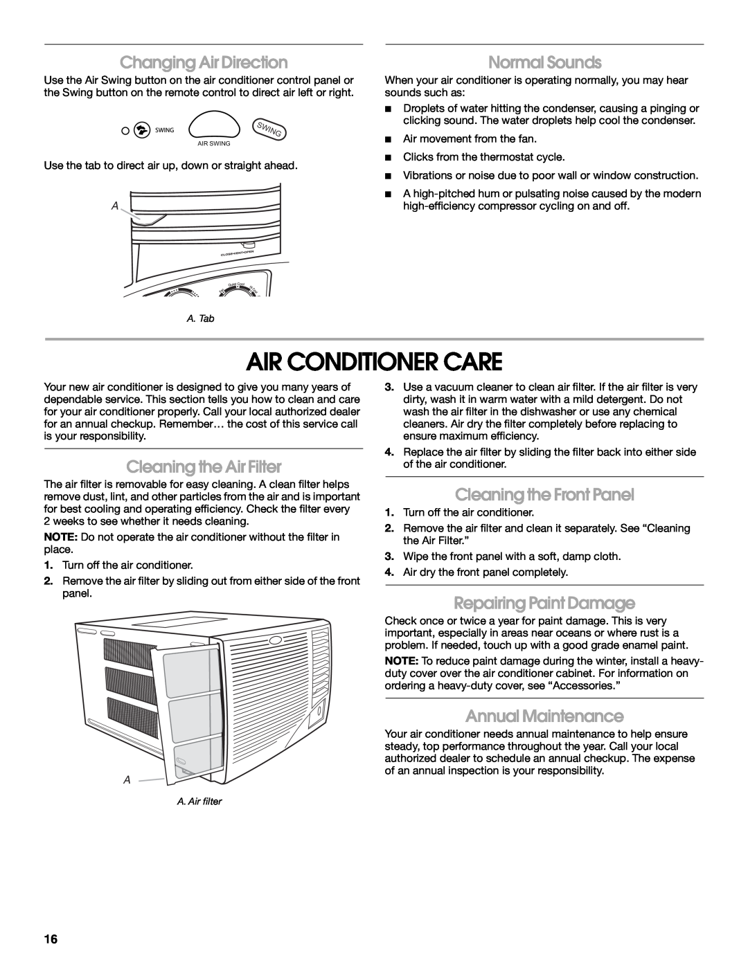 Whirlpool ACE184PT0 manual Air Conditioner Care, Changing Air Direction, Normal Sounds, Cleaning the Air Filter 