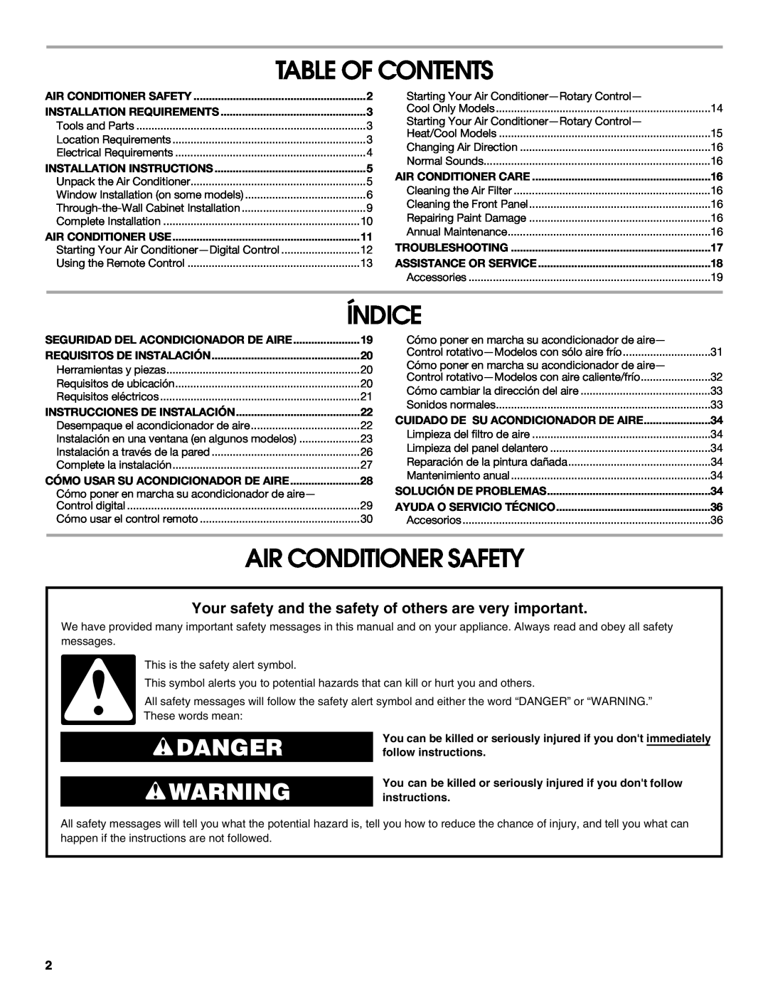Whirlpool ACE184PT0 manual Table Of Contents, Índice, Air Conditioner Safety, Danger 
