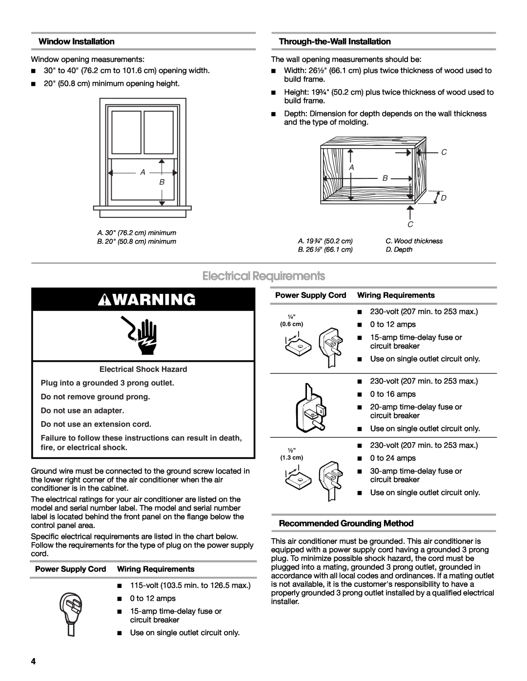 Whirlpool ACE184PT0 manual Electrical Requirements, Window Installation, Recommended Grounding Method 