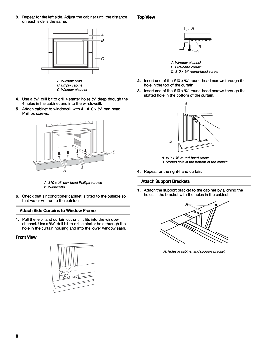 Whirlpool ACE184PT0 manual Top View, Attach Side Curtains to Window Frame, Front View, Attach Support Brackets 