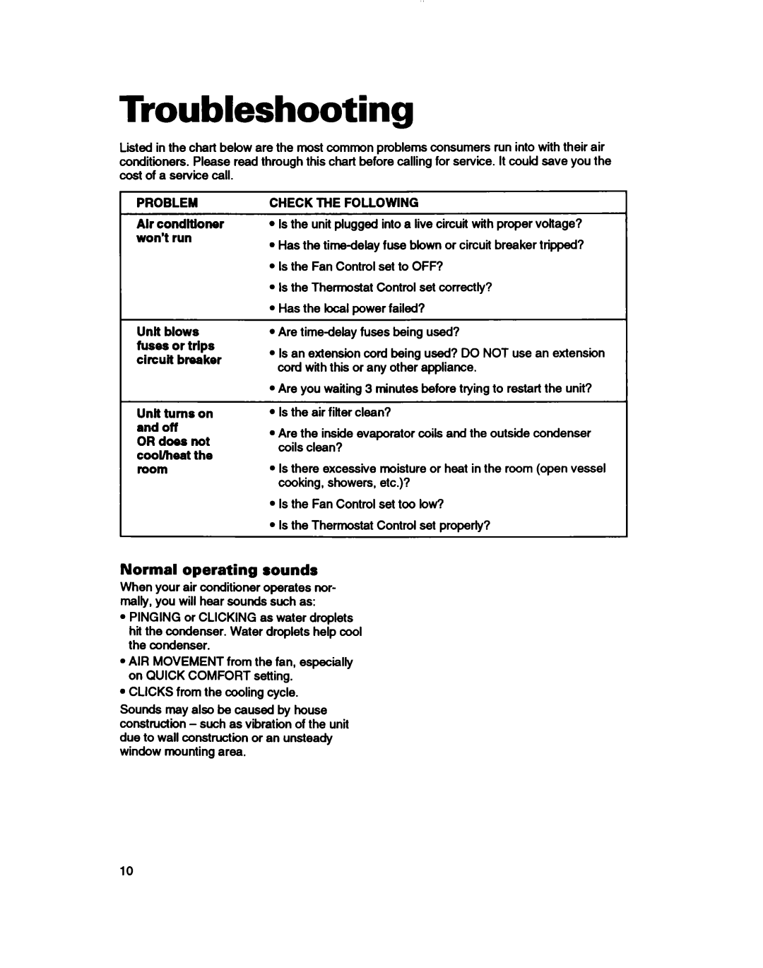 Whirlpool ACE184XD0 Troubleshooting, Normal operating sounds, Unlt blows fuses or trips circuit breaker Unlt turns on 