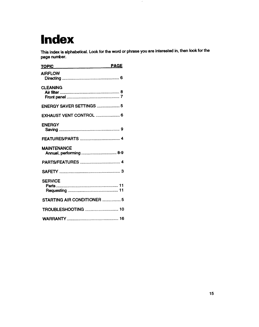 Whirlpool ACE184XD0 warranty Index 