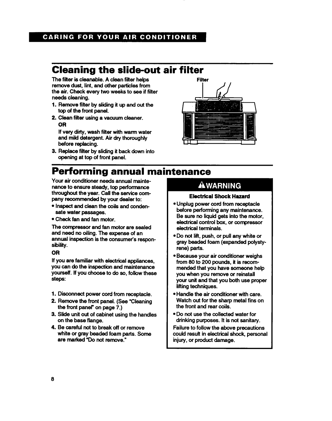 Whirlpool ACE184XD0 warranty Cleaning the slide-out air filter, Performing annual maintenance 