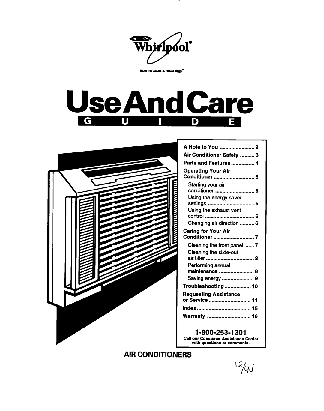 Whirlpool ACE184XD0 warranty UseAndCare, wh OS H nmvToblwfErnout~, l-800-253-1301 