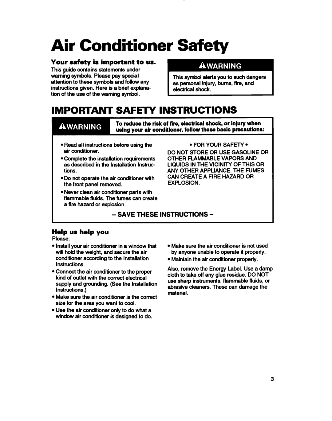 Whirlpool ACE184XD0 warranty Air Conditioner Safety, Important Safety Instructions, Your safety is important to us 