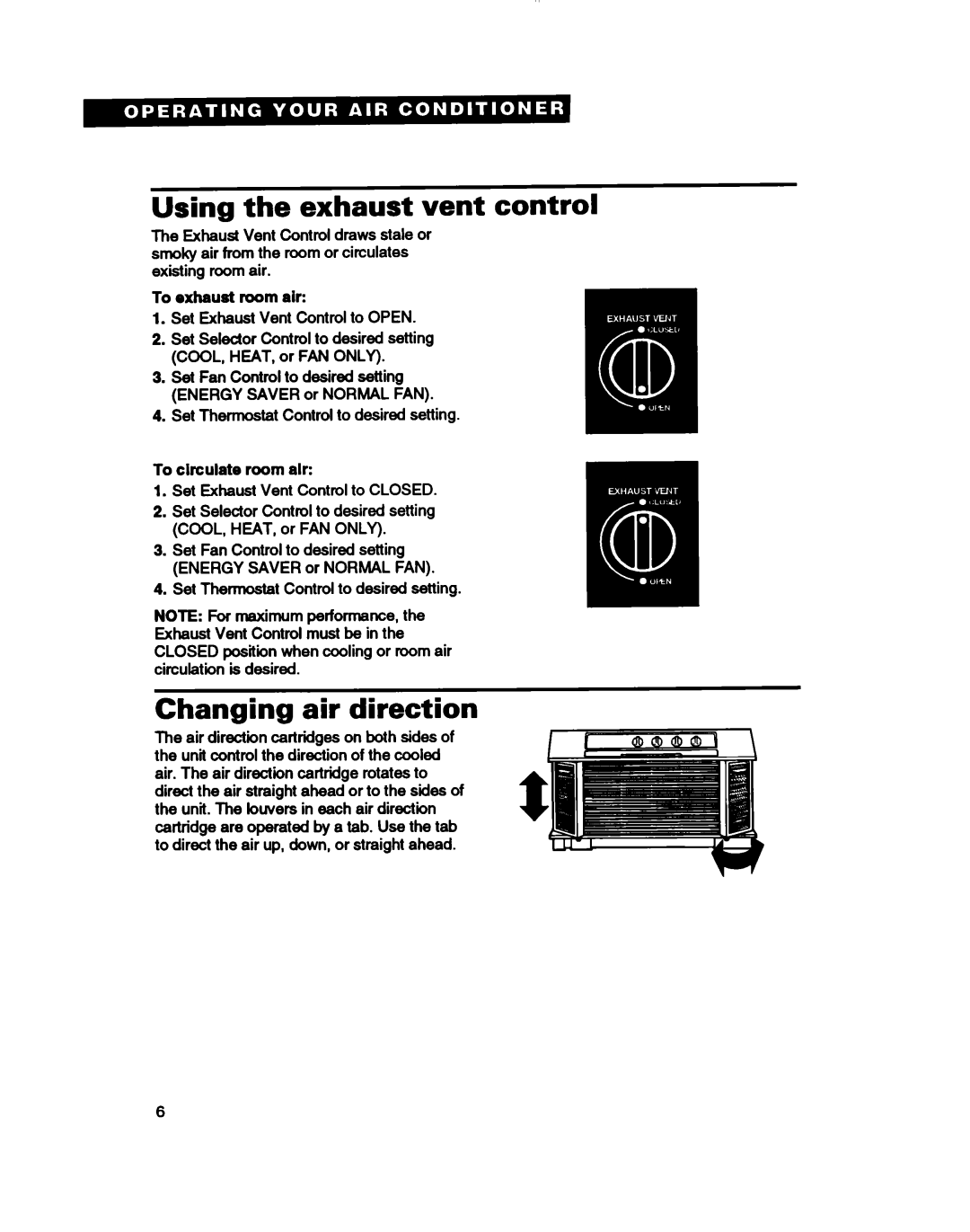 Whirlpool ACE184XD0 Using the exhaust vent control, Changing air direction, To exhaust room air, To circulate room alr 