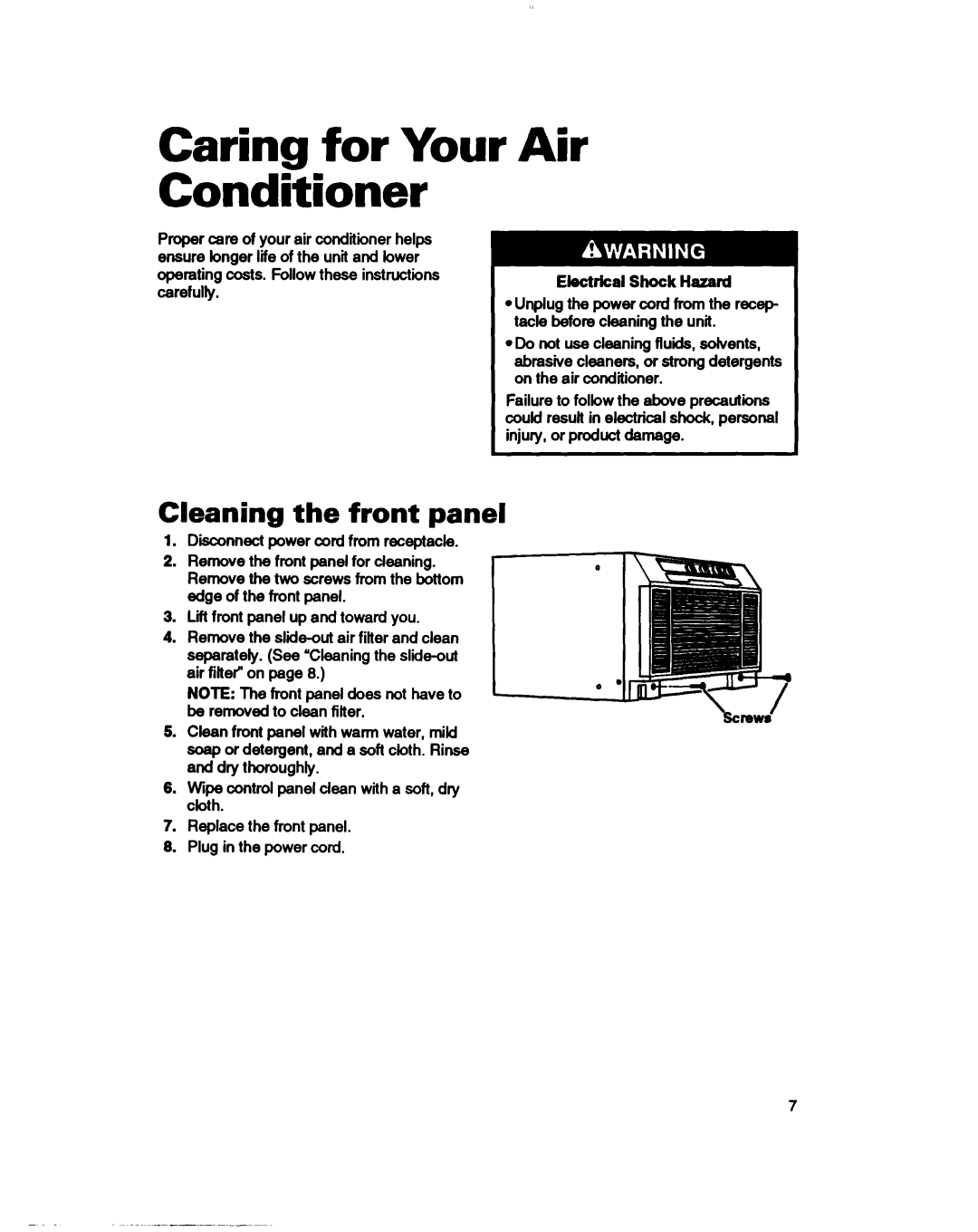Whirlpool ACE184XD0 warranty Caring for Your Air Conditioner, Cleaning the front panel, Electrical Shock Hazard 