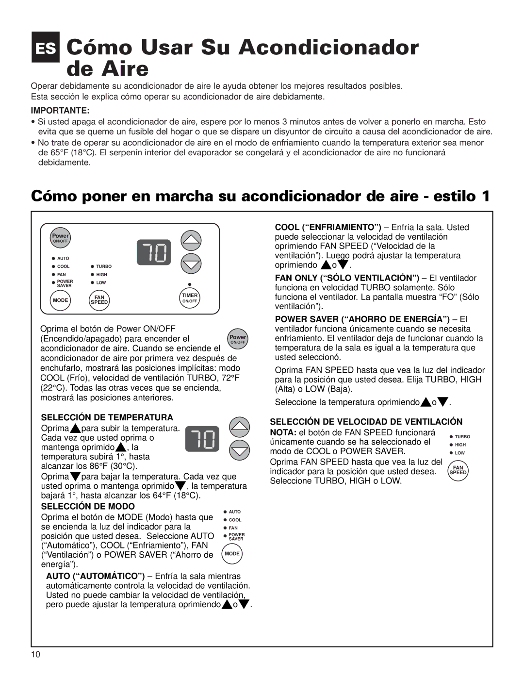 Whirlpool ACE184XL0 manual ES Cómo Usar Su Acondicionador de Aire, Cómo poner en marcha su acondicionador de aire estilo 