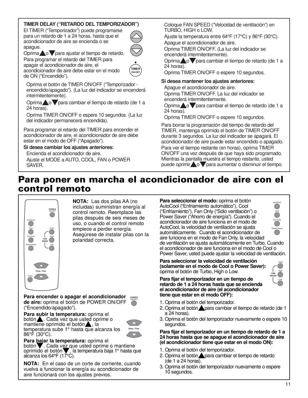 Whirlpool ACE184XL0 manual Timer Delay Retardo DEL Temporizador 