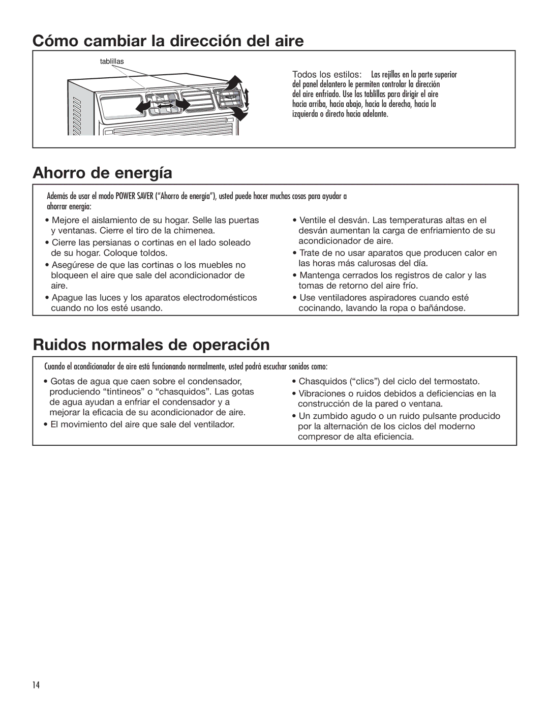 Whirlpool ACE184XL0 manual Cómo cambiar la dirección del aire, Ahorro de energía, Ruidos normales de operación 