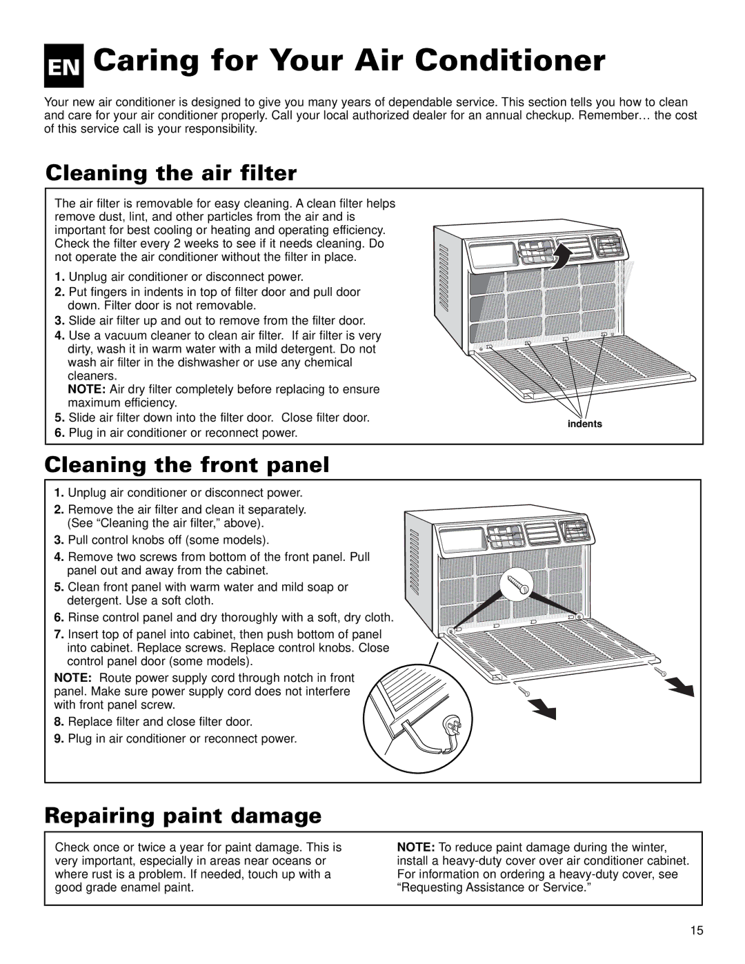 Whirlpool ACE184XL0 manual EN Caring for Your Air Conditioner, Cleaning the air filter, Cleaning the front panel 