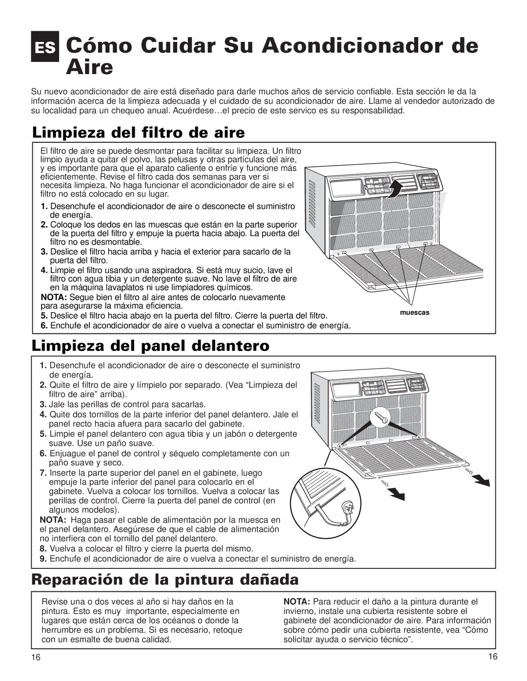 Whirlpool ACE184XL0 ES Cómo Cuidar Su Acondicionador de Aire, Limpieza del filtro de aire, Limpieza del panel delantero 
