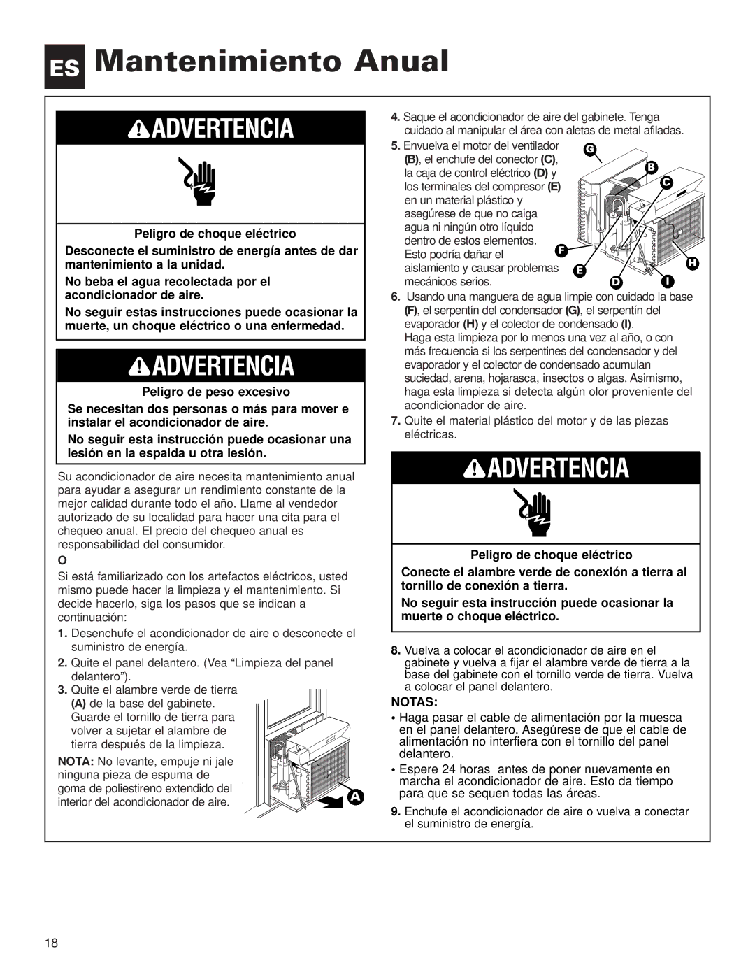 Whirlpool ACE184XL0 manual ES Mantenimiento Anual, Peligro de choque eléctrico, No beba el agua recolectada por el, Notas 