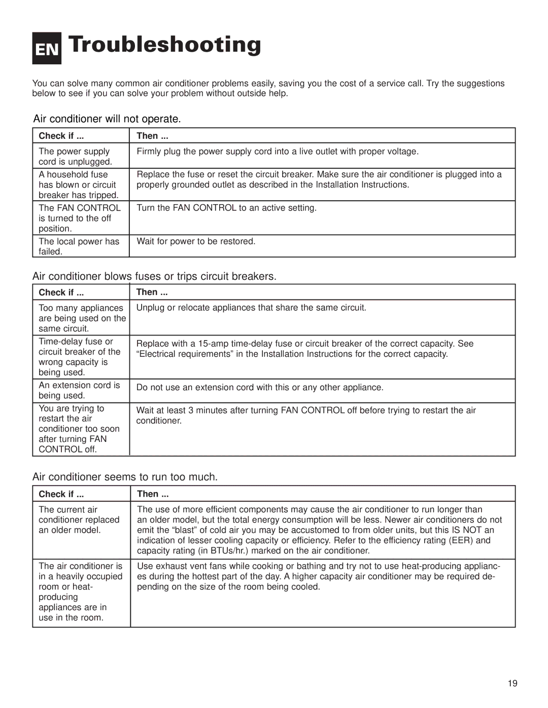 Whirlpool ACE184XL0 manual EN Troubleshooting, Air conditioner will not operate, Air conditioner seems to run too much 