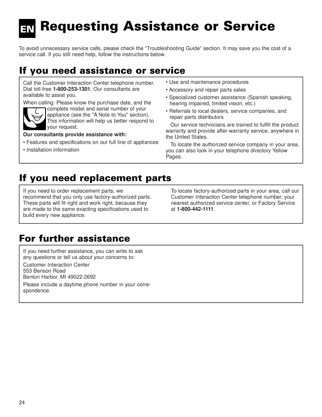 Whirlpool ACE184XL0 EN Requesting Assistance or Service, If you need assistance or service, If you need replacement parts 