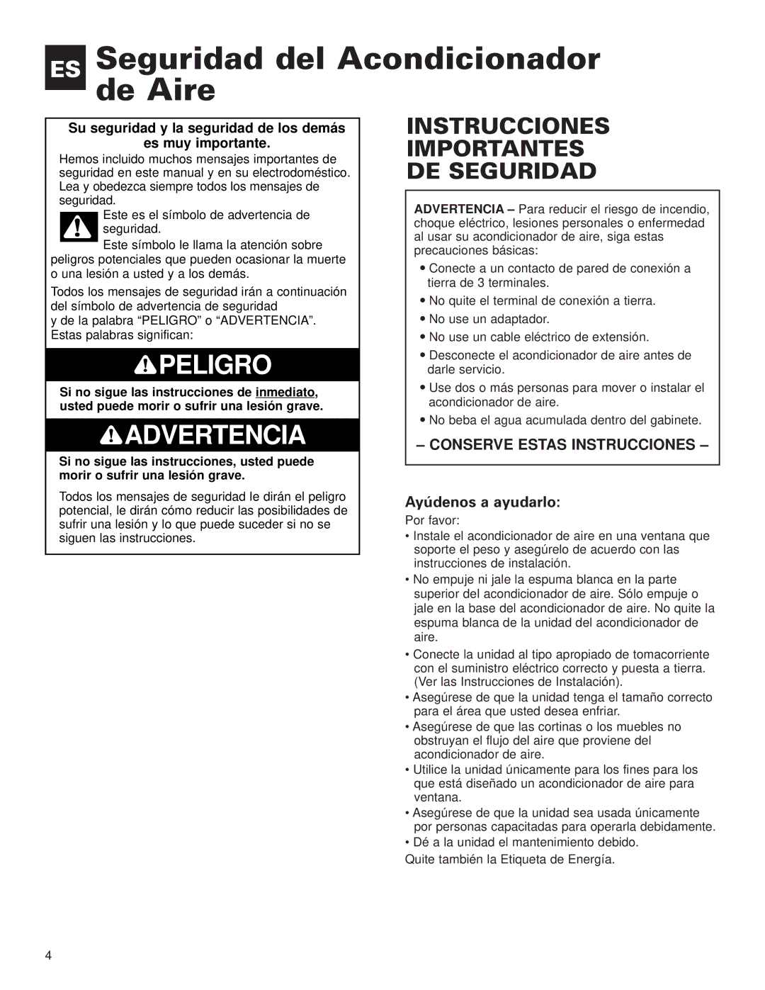 Whirlpool ACE184XL0 manual ES Seguridad del Acondicionador de Aire, Ayúdenos a ayudarlo 