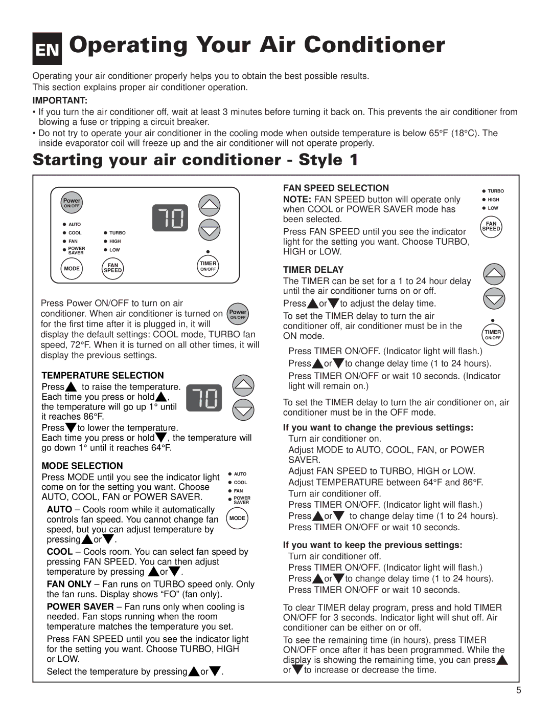 Whirlpool ACE184XL0 manual EN Operating Your Air Conditioner, Starting your air conditioner Style 