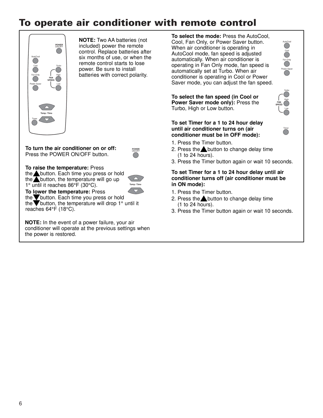 Whirlpool ACE184XL0 manual To operate air conditioner with remote control, To raise the temperature Press 