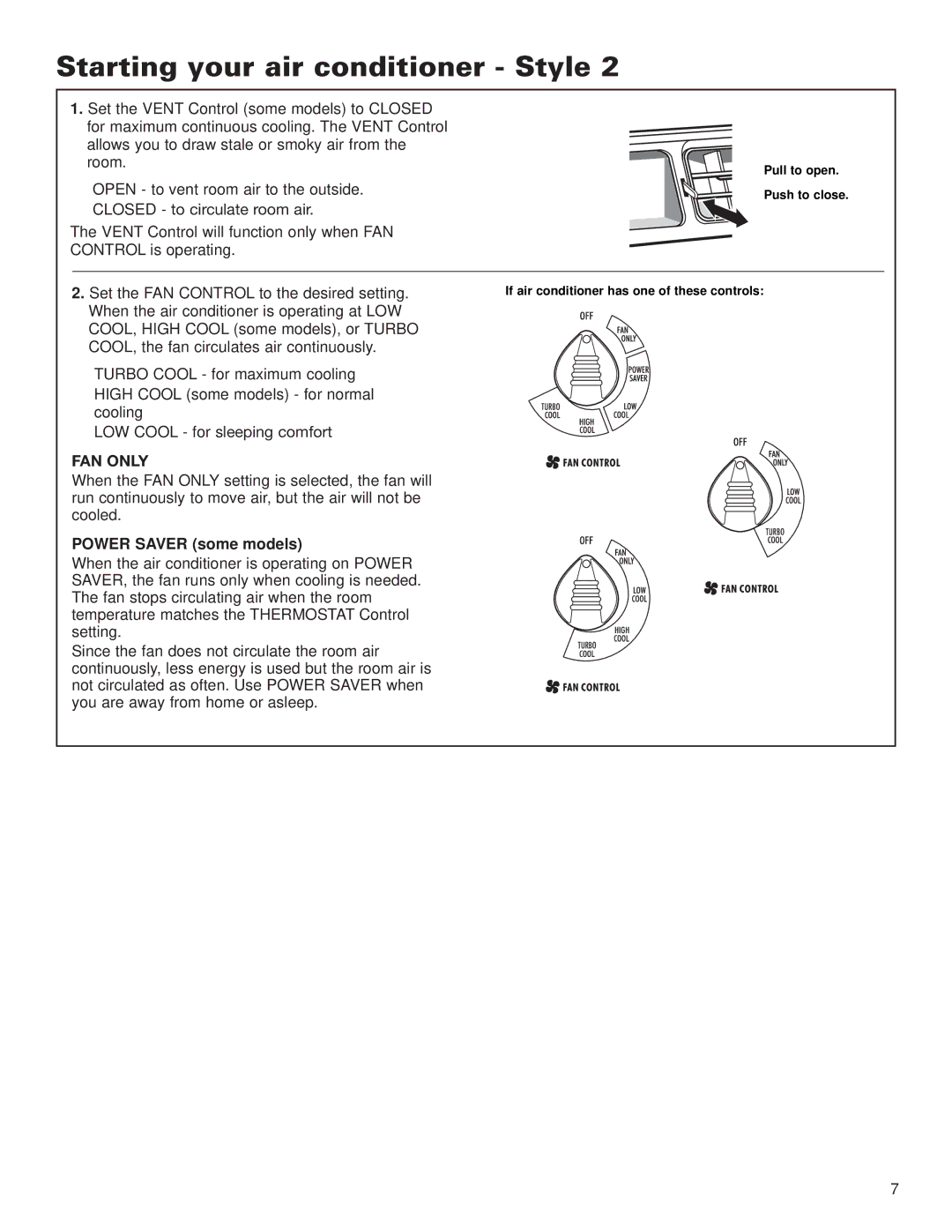 Whirlpool ACE184XL0 manual FAN only, Power Saver some models 