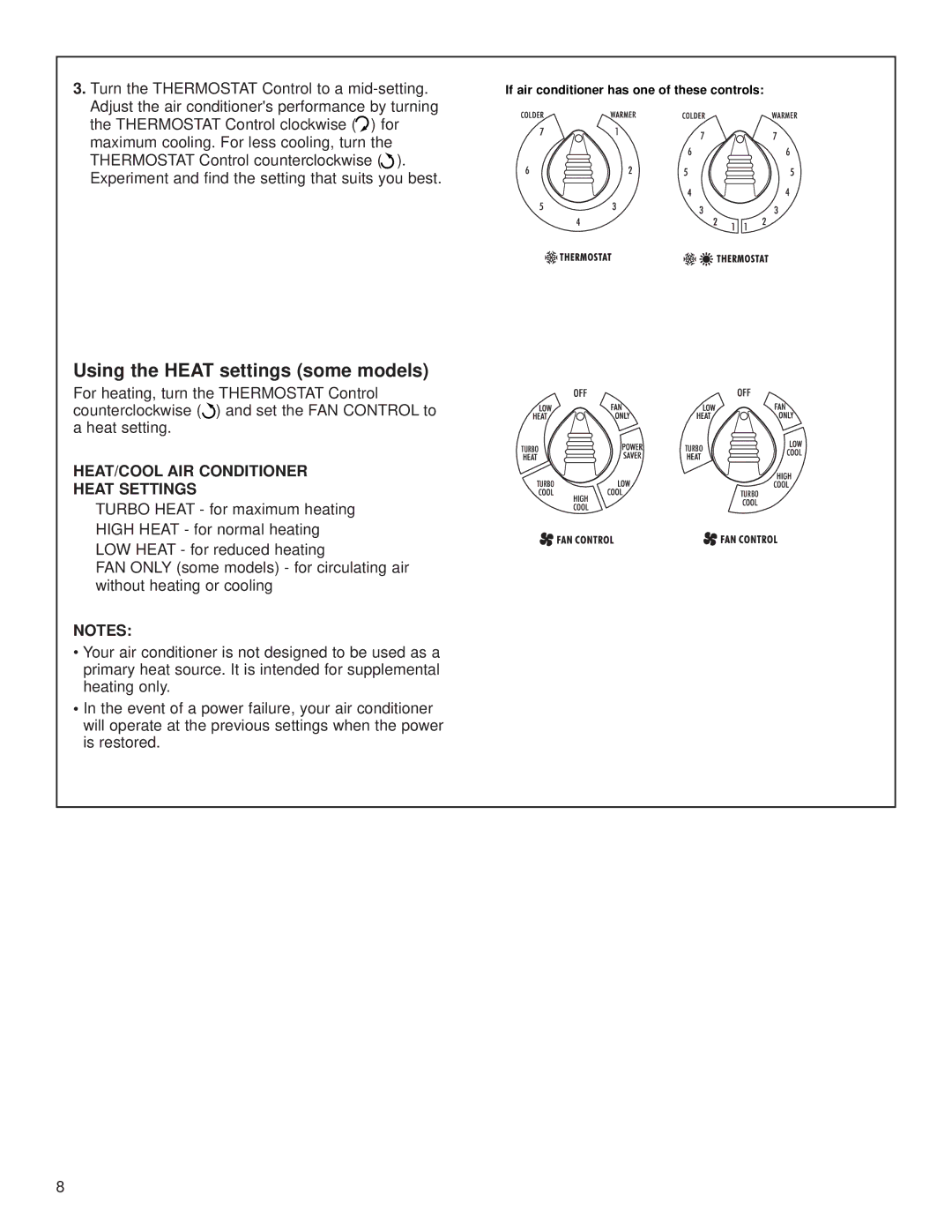 Whirlpool ACE184XL0 manual Using the Heat settings some models, HEAT/COOL AIR Conditioner Heat Settings 