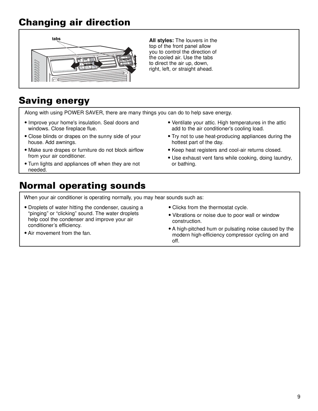 Whirlpool ACE184XL0 manual Changing air direction, Saving energy, Normal operating sounds 