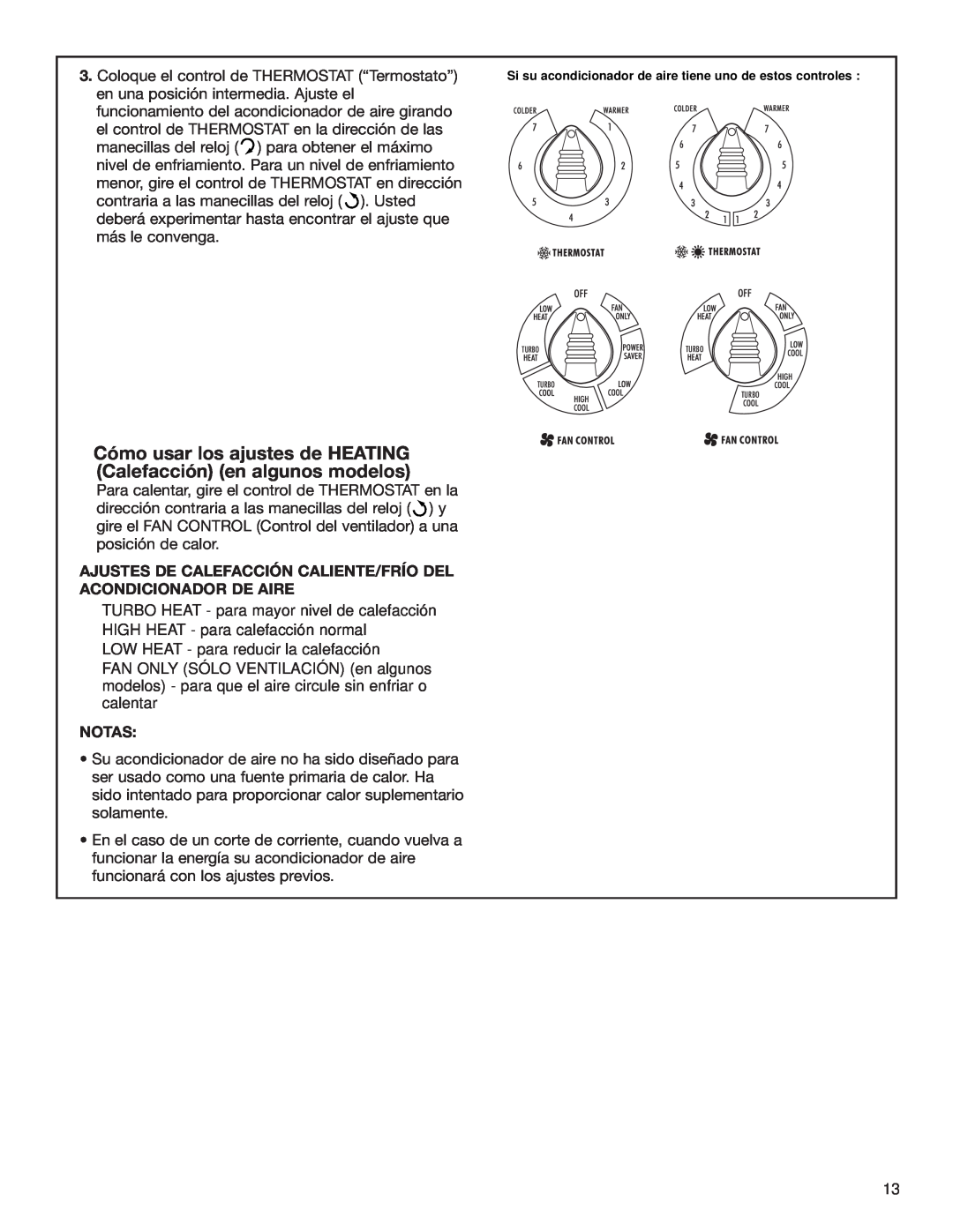Whirlpool ACE184XL0 manual Cómo usar los ajustes de HEATING Calefacción en algunos modelos, Notas 
