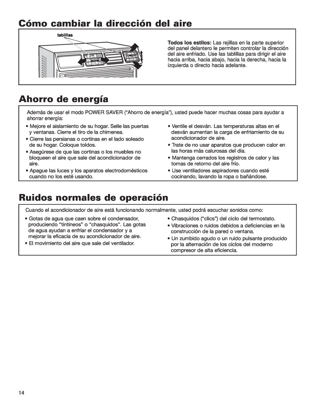 Whirlpool ACE184XL0 manual Cómo cambiar la dirección del aire, Ahorro de energía, Ruidos normales de operación 