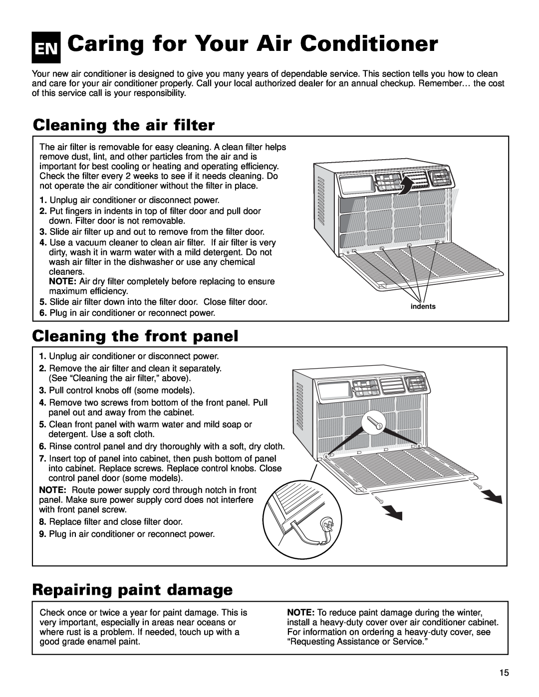 Whirlpool ACE184XL0 manual EN Caring for Your Air Conditioner, Cleaning the air filter, Cleaning the front panel 