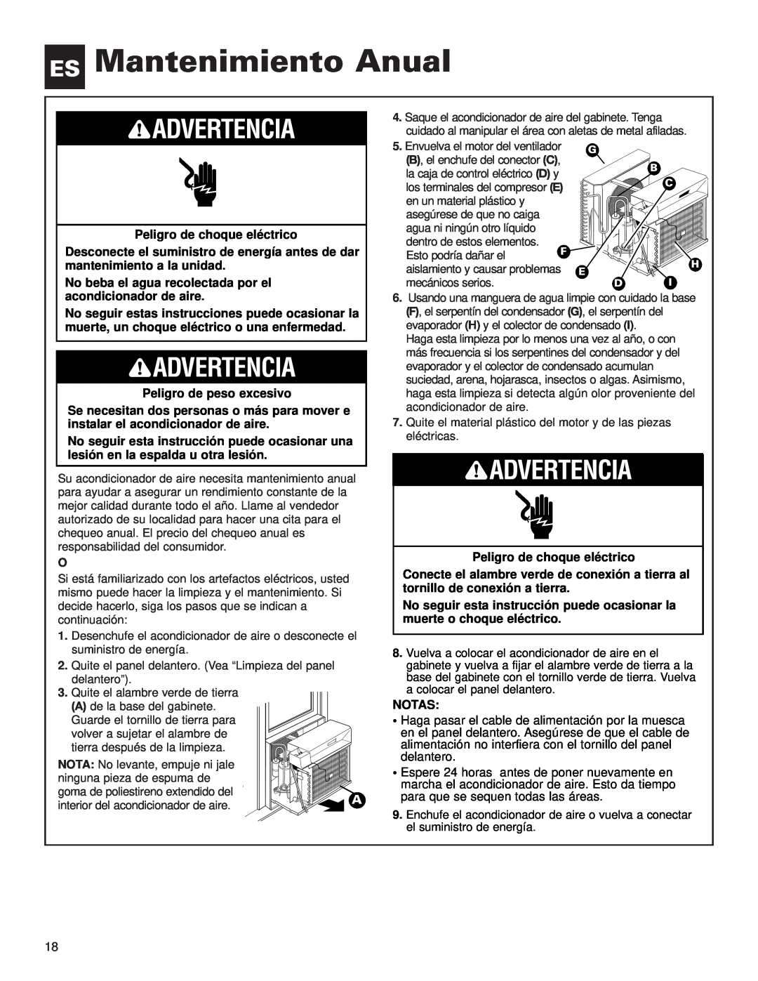 Whirlpool ACE184XL0 manual ES Mantenimiento Anual, Advertencia 
