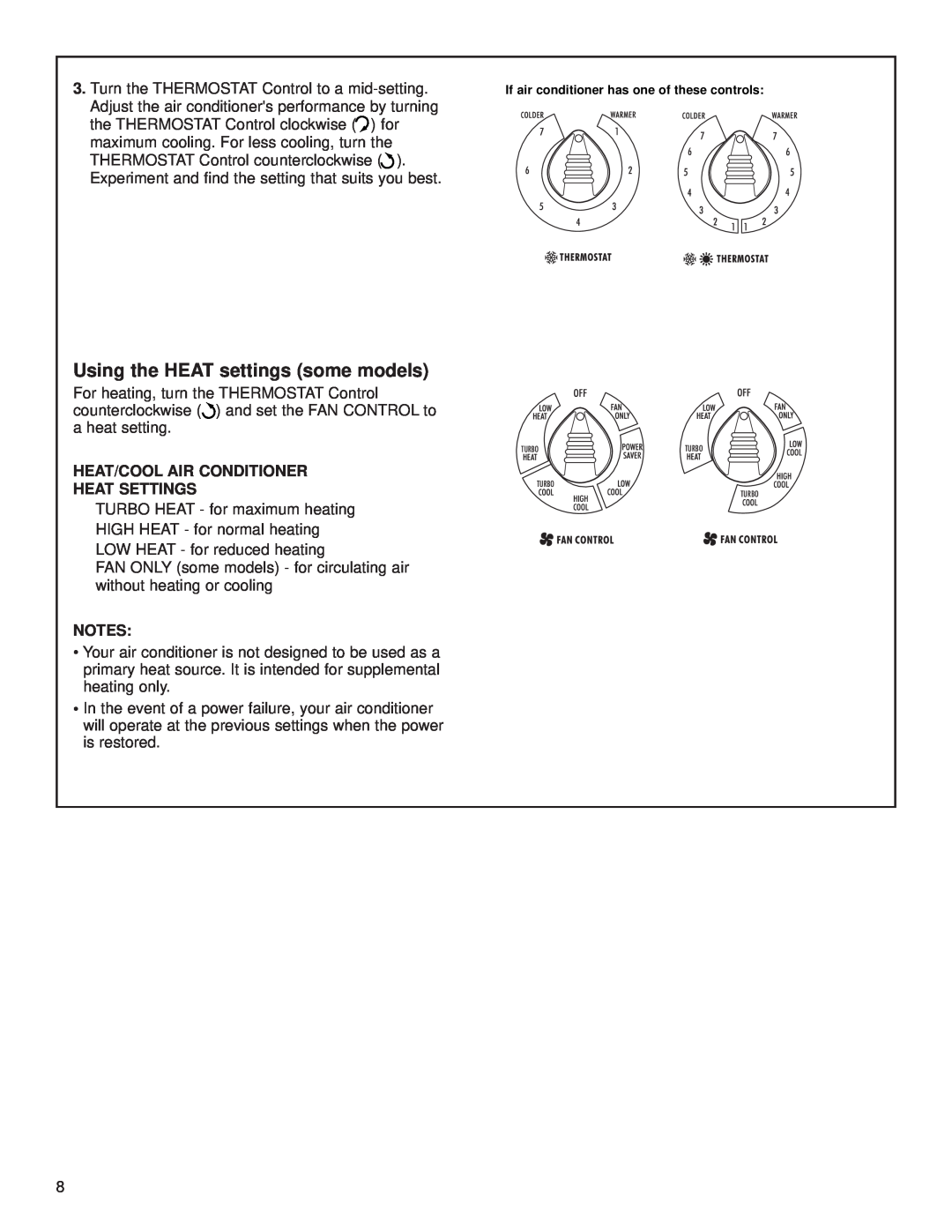 Whirlpool ACE184XL0 manual Using the HEAT settings some models, Heat/Cool Air Conditioner Heat Settings 