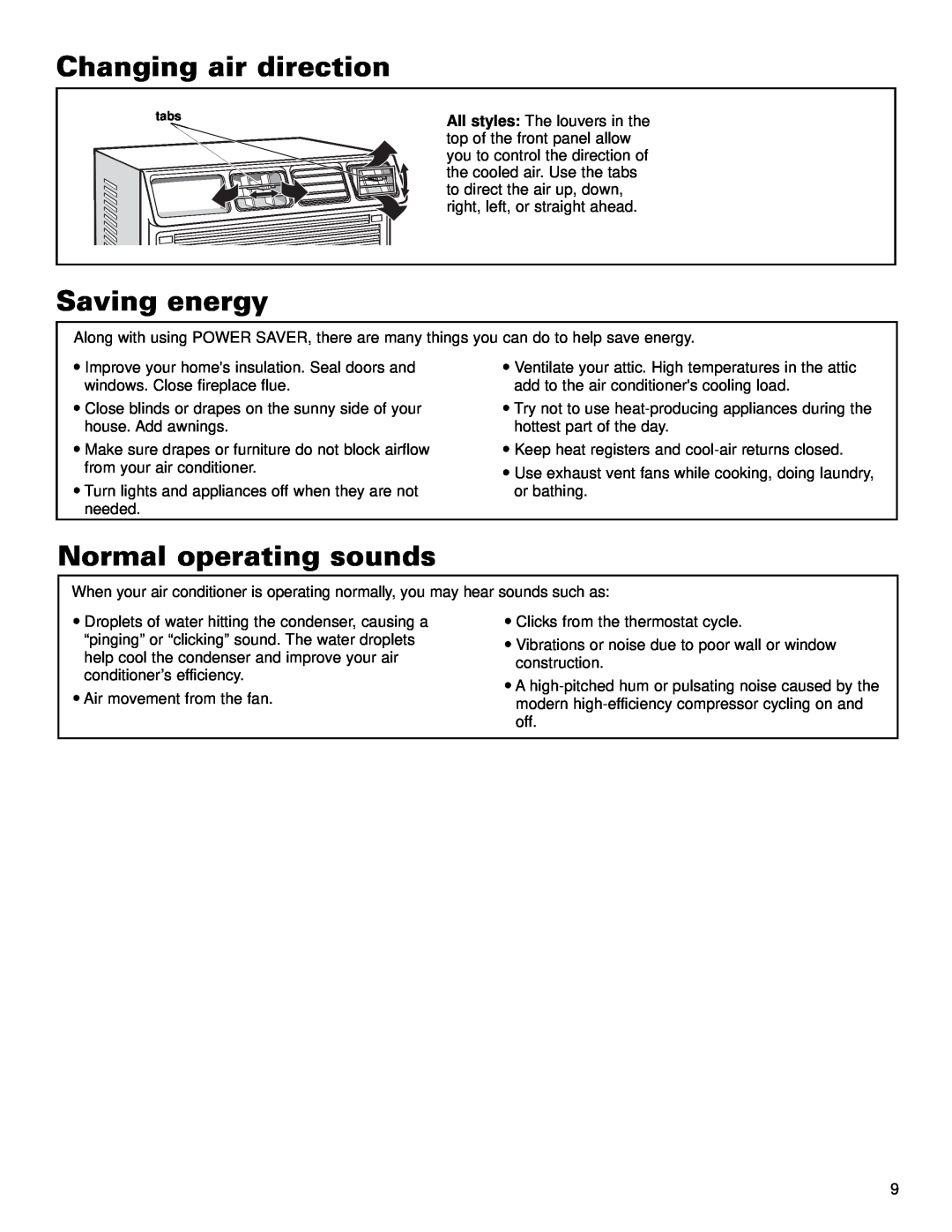 Whirlpool ACE184XL0 manual Changing air direction, Saving energy, Normal operating sounds 